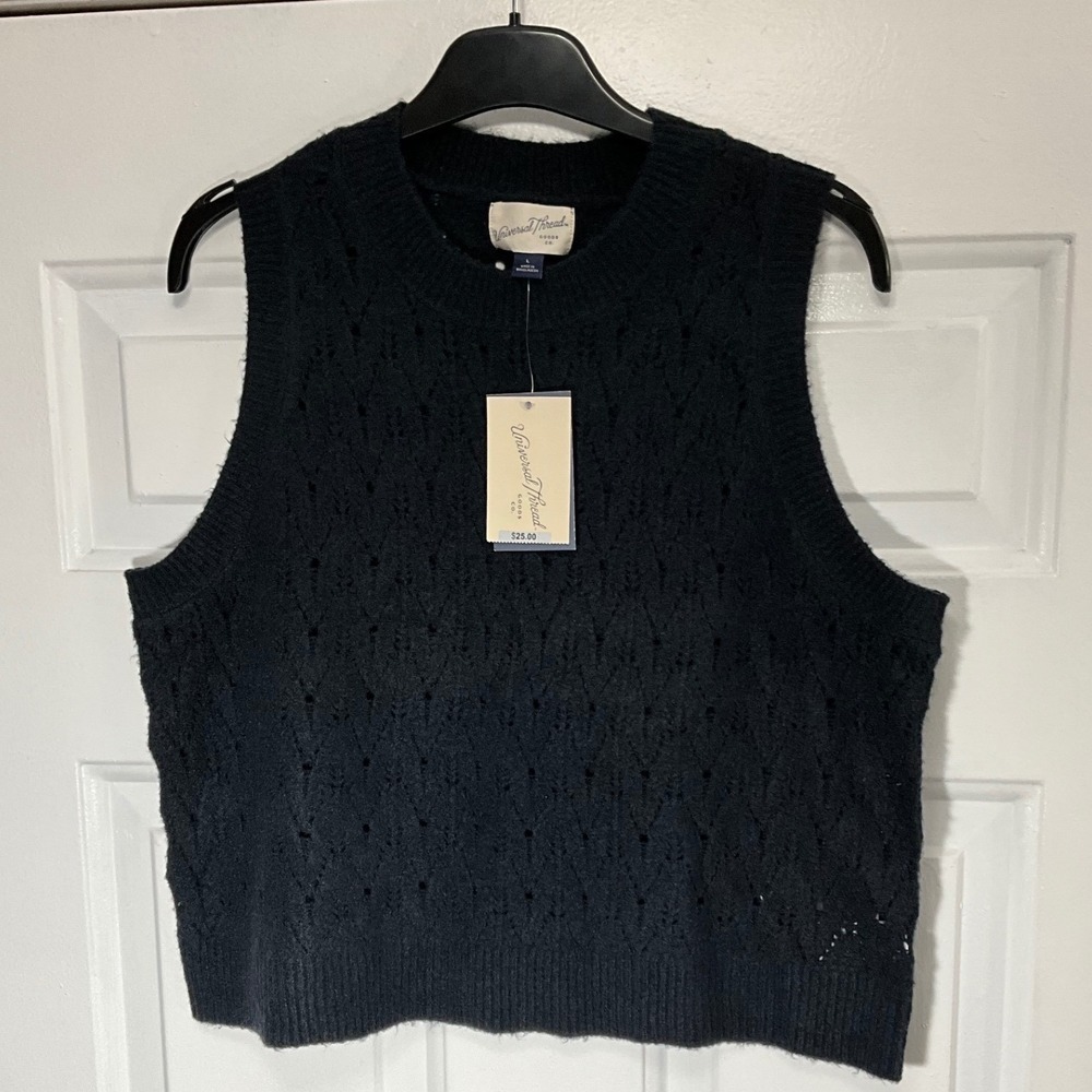 Universal Thread Navy Blue Pointelle Diamond Knit Crewneck Sweater Large NWT